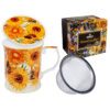 Vincent van Gogh mug, Sunflowers mug, mug with tea infuser and lid, elegant tea mug, art-inspired mug, decorative gift box, This elegant mug with a tea infuser and lid, inspired by Vincent van Gogh's painting "Sunflowers," is packaged in a decorative gift box. Perfect for tea and art enthusiasts. Greek: Κούπα Vincent van Gogh, κούπα Sunflowers, κούπα με σουρωτήρι και καπάκι, κομψή κούπα για τσάι, κούπα εμπνευσμένη από τέχνη, διακοσμητική συσκευασία δώρου, Αυτή η κομψή κούπα με σουρωτήρι τσαγιού και καπάκι, εμπνευσμένη από τον πίνακα του Vincent van Gogh "Ηλιοτρόπια," είναι συσκευασμένη σε διακοσμητική συσκευασία δώρου. Ιδανική για λάτρεις του τσαγιού και της τέχνης.