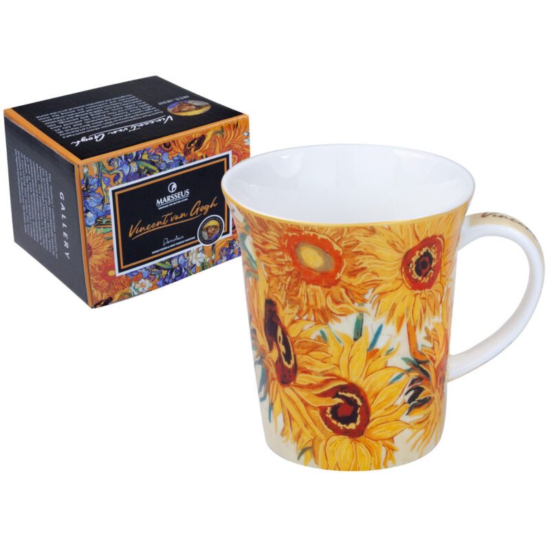 Vincent van Gogh mug, Sunflowers mug, art-inspired mug, decorative gift box, elegant ceramic mug, gift for art lovers. This elegant mug, inspired by Vincent van Gogh's iconic "Sunflowers," is packaged in a decorative gift box. Greek: Κούπα Vincent van Gogh, κούπα Sunflowers, κούπα εμπνευσμένη από τέχνη, διακοσμητική συσκευασία δώρου, κομψή κεραμική κούπα, δώρο για λάτρεις της τέχνης. Αυτή η κομψή κούπα, εμπνευσμένη από το εμβληματικό έργο "Ηλιοτρόπια" του Vincent van Gogh, είναι συσκευασμένη σε διακοσμητική συσκευασία δώρου.