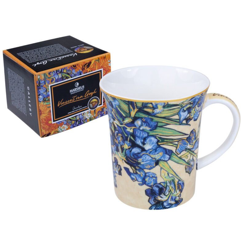 Vincent van Gogh mug, Irises mug, art-inspired mug, decorative gift box, elegant ceramic mug, gift for art lovers. This elegant mug, inspired by Vincent van Gogh's iconic "Irises," is packaged in a decorative gift box. Greek: Κούπα Vincent van Gogh, κούπα Irises, κούπα εμπνευσμένη από τέχνη, διακοσμητική συσκευασία δώρου, κομψή κεραμική κούπα, δώρο για λάτρεις της τέχνης. Αυτή η κομψή κούπα, εμπνευσμένη από το εμβληματικό έργο "Ίριδες" του Vincent van Gogh, είναι συσκευασμένη σε διακοσμητική συσκευασία δώρου.