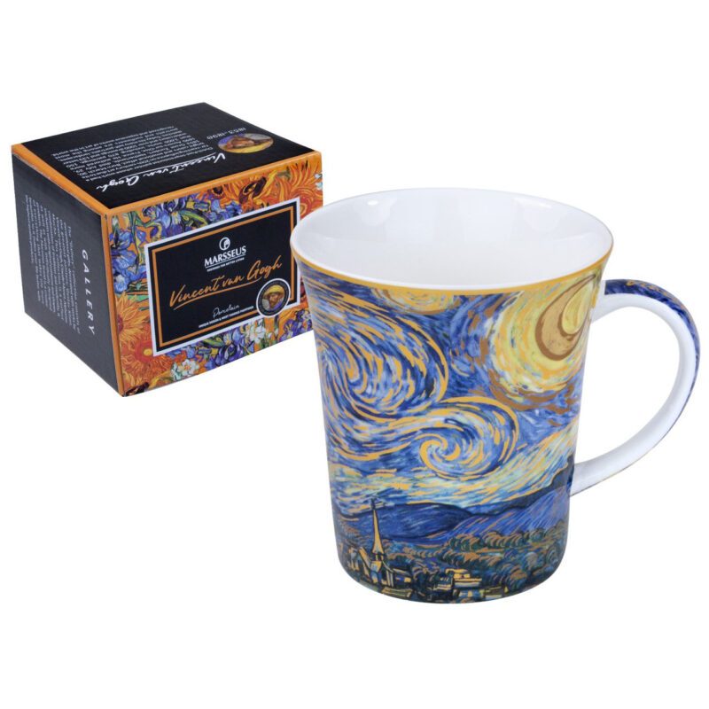 mug, Van Gogh mug, Starry Night mug, art-inspired mug, decorative gift box mug, elegant coffee mug, Vincent van Gogh gift, This elegant 420ml mug, inspired by Vincent van Gogh's "Starry Night," is beautifully packaged in a decorative gift box, perfect for coffee and art enthusiasts. Greek: κούπα, κούπα Van Gogh, κούπα Starry Night, κούπα τσαγιού εμπνευσμένη από την τέχνη, διακοσμητική συσκευασία δώρου, κομψή κούπα καφέ, δώρο Vincent van Gogh, Αυτή η κομψή κούπα των 420ml, εμπνευσμένη από το έργο "Starry Night" του Vincent van Gogh, είναι όμορφα συσκευασμένη σε διακοσμητική συσκευασία δώρου, ιδανική για λάτρεις του καφέ και της τέχνης.