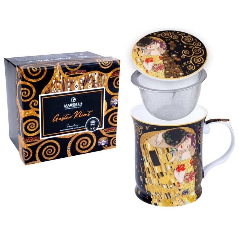 mug with tea brewer, Klimt tea mug, The Kiss tea mug, art-inspired tea mug, decorative gift box mug, elegant tea mug, Gustav Klimt gift, This elegant 400ml mug with tea brewer, inspired by Gustav Klimt's "The Kiss," is beautifully packaged in a decorative gift box, perfect for tea and art enthusiasts. Greek: κούπα με φίλτρο τσαγιού, κούπα Klimt, κούπα The Kiss με φίλτρο, κούπα τσαγιού εμπνευσμένη από την τέχνη, διακοσμητική συσκευασία δώρου, κομψή κούπα τσαγιού, δώρο Gustav Klimt, Αυτή η κομψή κούπα των 400ml με φίλτρο τσαγιού, εμπνευσμένη από το έργο "The Kiss" του Gustav Klimt, είναι όμορφα συσκευασμένη σε διακοσμητική συσκευασία δώρου, ιδανική για λάτρεις του τσαγιού και της τέχνης.