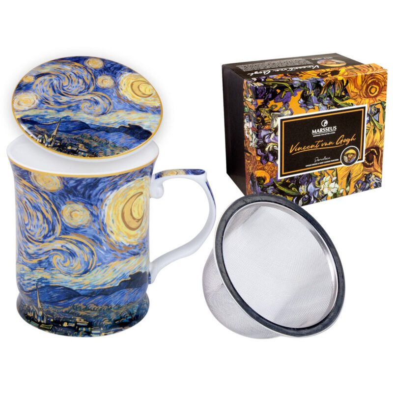 mug with tea brewer, Van Gogh tea mug, Starry Night tea mug, art-inspired tea mug, decorative gift box mug, elegant tea mug, Vincent van Gogh gift, This elegant 400ml mug with tea brewer, inspired by Vincent van Gogh's "Starry Night," is beautifully packaged in a decorative gift box, perfect for tea and art enthusiasts. Greek: κούπα με φίλτρο τσαγιού, κούπα Van Gogh, κούπα Starry Night με φίλτρο, κούπα τσαγιού εμπνευσμένη από την τέχνη, διακοσμητική συσκευασία δώρου, κομψή κούπα τσαγιού, δώρο Vincent van Gogh, Αυτή η κομψή κούπα των 400ml με φίλτρο τσαγιού, εμπνευσμένη από το έργο "Starry Night" του Vincent van Gogh, είναι όμορφα συσκευασμένη σε διακοσμητική συσκευασία δώρου, ιδανική για λάτρεις του τσαγιού και της τέχνης.