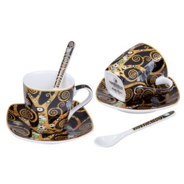 espresso cup set, Klimt espresso cups, Tree of Life cup set, art-inspired espresso set, decorative gift box cups, elegant coffee set, Gustav Klimt gift, This set of two 100ml espresso cups with matching spoons, inspired by Klimt's masterpiece "Tree of Life," is beautifully packaged in a decorative gift box, perfect for art and coffee enthusiasts. Greek: σετ φλιτζάνια εσπρέσο, φλιτζάνια εσπρέσο Klimt, σετ φλιτζάνια Tree of Life, σετ εσπρέσο εμπνευσμένο από την τέχνη, διακοσμητική συσκευασία δώρου, κομψό σετ καφέ, δώρο Gustav Klimt, Το σετ περιλαμβάνει δύο φλιτζάνια εσπρέσο των 100ml με κουταλάκια, εμπνευσμένα από το αριστούργημα "Tree of Life" του Klimt, σε διακοσμητική συσκευασία δώρου, ιδανικό για λάτρεις της τέχνης και του καφέ.