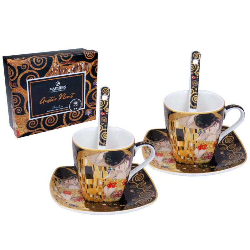 espresso cup set, Klimt espresso cups, The Kiss cup set, art-inspired espresso set, decorative gift box cups, elegant coffee set, Gustav Klimt gift, This set of two 100ml espresso cups with matching spoons, inspired by Klimt's masterpiece "The Kiss," is beautifully packaged in a decorative gift box, perfect for art and coffee lovers. Greek: σετ φλιτζάνια εσπρέσο, φλιτζάνια εσπρέσο Klimt, σετ φλιτζάνια The Kiss, σετ εσπρέσο εμπνευσμένο από την τέχνη, διακοσμητική συσκευασία δώρου, κομψό σετ καφέ, δώρο Gustav Klimt, Το σετ περιλαμβάνει δύο φλιτζάνια εσπρέσο των 100ml με κουταλάκια, εμπνευσμένα από το αριστούργημα "The Kiss" του Klimt, σε διακοσμητική συσκευασία δώρου, ιδανικό για λάτρεις της τέχνης και του καφέ.