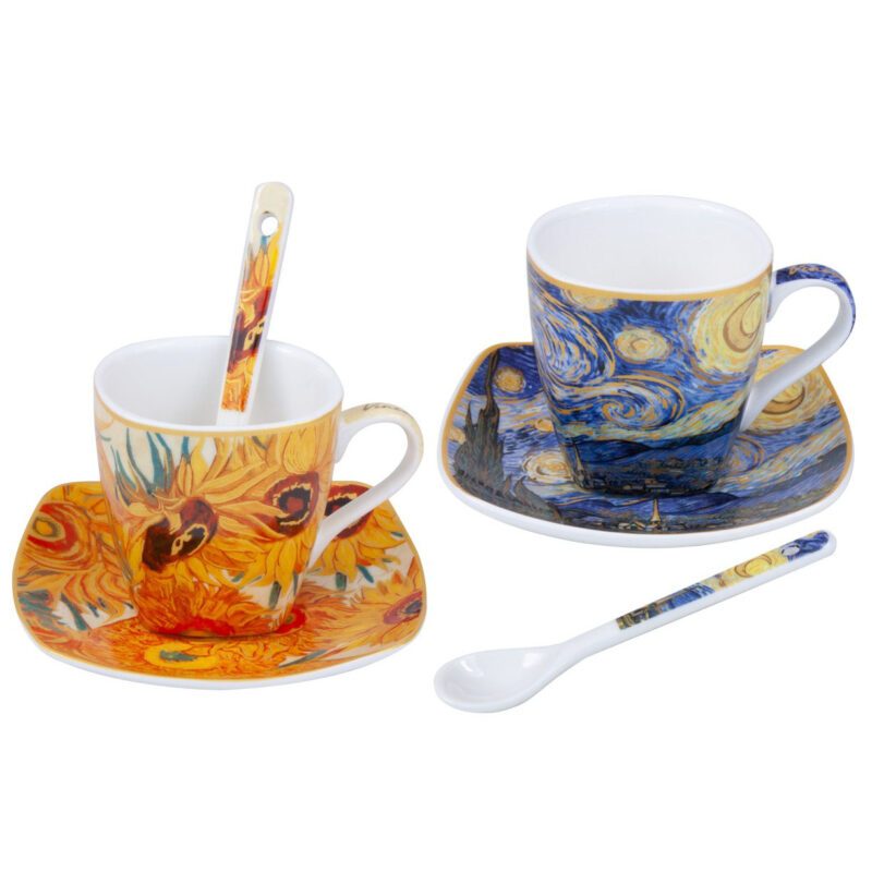 spresso cup set, Van Gogh espresso cups, Sunflowers and Starry Night cup set, art-inspired espresso set, decorative gift box cups, elegant coffee set, Vincent van Gogh gift, This set of two 100ml espresso cups with matching spoons, inspired by Van Gogh's "Sunflowers" and "Starry Night," is beautifully packaged in a decorative gift box, perfect for art and coffee enthusiasts. Greek: σετ φλιτζάνια εσπρέσο, φλιτζάνια εσπρέσο Van Gogh, σετ φλιτζάνια Sunflowers και Έναστρη Νύχτα, σετ εσπρέσο εμπνευσμένο από την τέχνη, διακοσμητική συσκευασία δώρου, κομψό σετ καφέ, δώρο Vincent van Gogh, Το σετ περιλαμβάνει δύο φλιτζάνια εσπρέσο των 100ml με κουταλάκια, εμπνευσμένα από τα έργα "Sunflowers" και "Έναστρη Νύχτα" του Van Gogh, σε διακοσμητική συσκευασία δώρου, ιδανικό για λάτρεις της τέχνης και του καφέ.