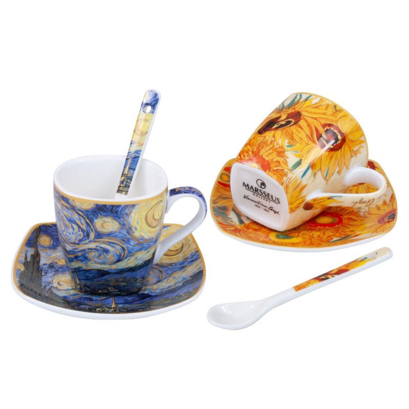 spresso cup set, Van Gogh espresso cups, Sunflowers and Starry Night cup set, art-inspired espresso set, decorative gift box cups, elegant coffee set, Vincent van Gogh gift, This set of two 100ml espresso cups with matching spoons, inspired by Van Gogh's "Sunflowers" and "Starry Night," is beautifully packaged in a decorative gift box, perfect for art and coffee enthusiasts. Greek: σετ φλιτζάνια εσπρέσο, φλιτζάνια εσπρέσο Van Gogh, σετ φλιτζάνια Sunflowers και Έναστρη Νύχτα, σετ εσπρέσο εμπνευσμένο από την τέχνη, διακοσμητική συσκευασία δώρου, κομψό σετ καφέ, δώρο Vincent van Gogh, Το σετ περιλαμβάνει δύο φλιτζάνια εσπρέσο των 100ml με κουταλάκια, εμπνευσμένα από τα έργα "Sunflowers" και "Έναστρη Νύχτα" του Van Gogh, σε διακοσμητική συσκευασία δώρου, ιδανικό για λάτρεις της τέχνης και του καφέ.