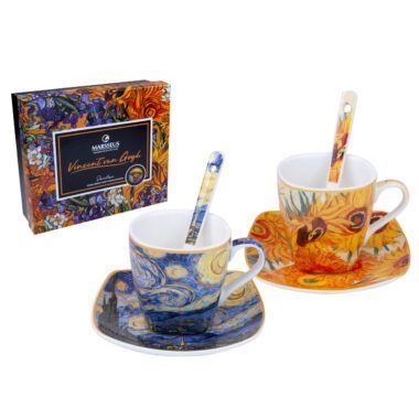 spresso cup set, Van Gogh espresso cups, Sunflowers and Starry Night cup set, art-inspired espresso set, decorative gift box cups, elegant coffee set, Vincent van Gogh gift, This set of two 100ml espresso cups with matching spoons, inspired by Van Gogh's "Sunflowers" and "Starry Night," is beautifully packaged in a decorative gift box, perfect for art and coffee enthusiasts. Greek: σετ φλιτζάνια εσπρέσο, φλιτζάνια εσπρέσο Van Gogh, σετ φλιτζάνια Sunflowers και Έναστρη Νύχτα, σετ εσπρέσο εμπνευσμένο από την τέχνη, διακοσμητική συσκευασία δώρου, κομψό σετ καφέ, δώρο Vincent van Gogh, Το σετ περιλαμβάνει δύο φλιτζάνια εσπρέσο των 100ml με κουταλάκια, εμπνευσμένα από τα έργα "Sunflowers" και "Έναστρη Νύχτα" του Van Gogh, σε διακοσμητική συσκευασία δώρου, ιδανικό για λάτρεις της τέχνης και του καφέ.