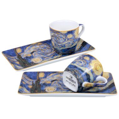 espresso cup set, Van Gogh espresso cups, Starry Night espresso set, art-inspired espresso set, decorative gift box cups, elegant coffee set, Vincent van Gogh gift, This set of two 75ml espresso cups with saucers, inspired by Van Gogh's "Starry Night," is beautifully packaged in a decorative gift box, perfect for art and coffee enthusiasts. Greek: σετ φλιτζάνια εσπρέσο, φλιτζάνια εσπρέσο Van Gogh, σετ εσπρέσο Έναστρη Νύχτα, σετ εσπρέσο εμπνευσμένο από την τέχνη, διακοσμητική συσκευασία δώρου, κομψό σετ καφέ, δώρο Vincent van Gogh, Το σετ περιλαμβάνει δύο φλιτζάνια εσπρέσο των 75ml με πιατάκια, εμπνευσμένα από το έργο "Έναστρη Νύχτα" του Van Gogh, σε διακοσμητική συσκευασία δώρου, ιδανικό για λάτρεις της τέχνης και του καφέ.