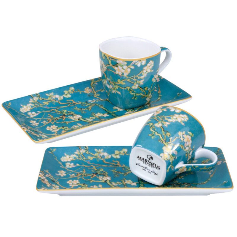 espresso cup set, Van Gogh espresso cups, Almond Blossom espresso set, art-inspired espresso set, decorative gift box cups, elegant coffee set, Vincent van Gogh gift, This set of two 75ml espresso cups with saucers, inspired by Van Gogh's "Almond Blossom," is beautifully packaged in a decorative gift box, perfect for art and coffee enthusiasts. Greek: σετ φλιτζάνια εσπρέσο, φλιτζάνια εσπρέσο Van Gogh, σετ εσπρέσο Almond Blossom, σετ εσπρέσο εμπνευσμένο από την τέχνη, διακοσμητική συσκευασία δώρου, κομψό σετ καφέ, δώρο Vincent van Gogh, Το σετ περιλαμβάνει δύο φλιτζάνια εσπρέσο των 75ml με πιατάκια, εμπνευσμένα από το έργο "Almond Blossom" του Van Gogh, σε διακοσμητική συσκευασία δώρου, ιδανικό για λάτρεις της τέχνης και του καφέ.