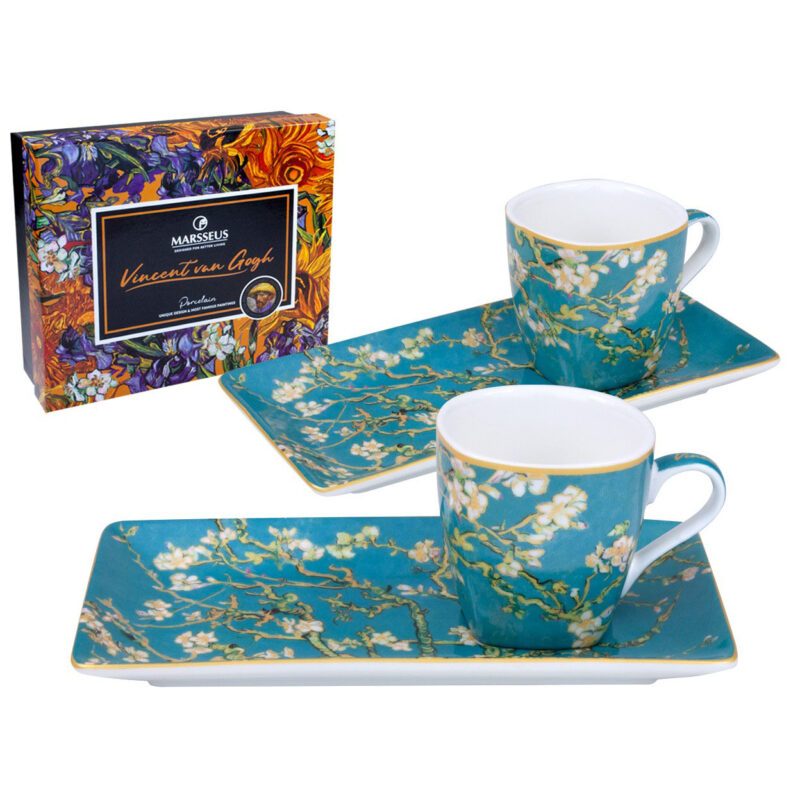 espresso cup set, Van Gogh espresso cups, Almond Blossom espresso set, art-inspired espresso set, decorative gift box cups, elegant coffee set, Vincent van Gogh gift, This set of two 75ml espresso cups with saucers, inspired by Van Gogh's "Almond Blossom," is beautifully packaged in a decorative gift box, perfect for art and coffee enthusiasts. Greek: σετ φλιτζάνια εσπρέσο, φλιτζάνια εσπρέσο Van Gogh, σετ εσπρέσο Almond Blossom, σετ εσπρέσο εμπνευσμένο από την τέχνη, διακοσμητική συσκευασία δώρου, κομψό σετ καφέ, δώρο Vincent van Gogh, Το σετ περιλαμβάνει δύο φλιτζάνια εσπρέσο των 75ml με πιατάκια, εμπνευσμένα από το έργο "Almond Blossom" του Van Gogh, σε διακοσμητική συσκευασία δώρου, ιδανικό για λάτρεις της τέχνης και του καφέ.