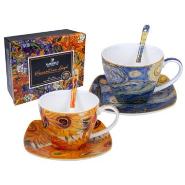 tea cup set, Van Gogh tea cups, Sunflowers and Starry Night cup set, art-inspired tea set, decorative gift box cups, elegant tea set, Vincent van Gogh gift, This set of two 250ml teacups with matching spoons, inspired by Van Gogh's "Sunflowers" and "Starry Night," is beautifully packaged in a decorative gift box, perfect for art and tea lovers. Greek: σετ φλιτζάνια τσαγιού, φλιτζάνια τσαγιού Van Gogh, σετ φλιτζάνια Sunflowers και Έναστρη Νύχτα, σετ τσαγιού εμπνευσμένο από την τέχνη, διακοσμητική συσκευασία δώρου, κομψό σετ τσαγιού, δώρο Vincent van Gogh, Το σετ περιλαμβάνει δύο φλιτζάνια τσαγιού των 250ml με κουταλάκια, εμπνευσμένα από τα έργα "Sunflowers" και "Έναστρη Νύχτα" του Van Gogh, σε διακοσμητική συσκευασία δώρου, ιδανικό για λάτρεις της τέχνης και του τσαγιού.