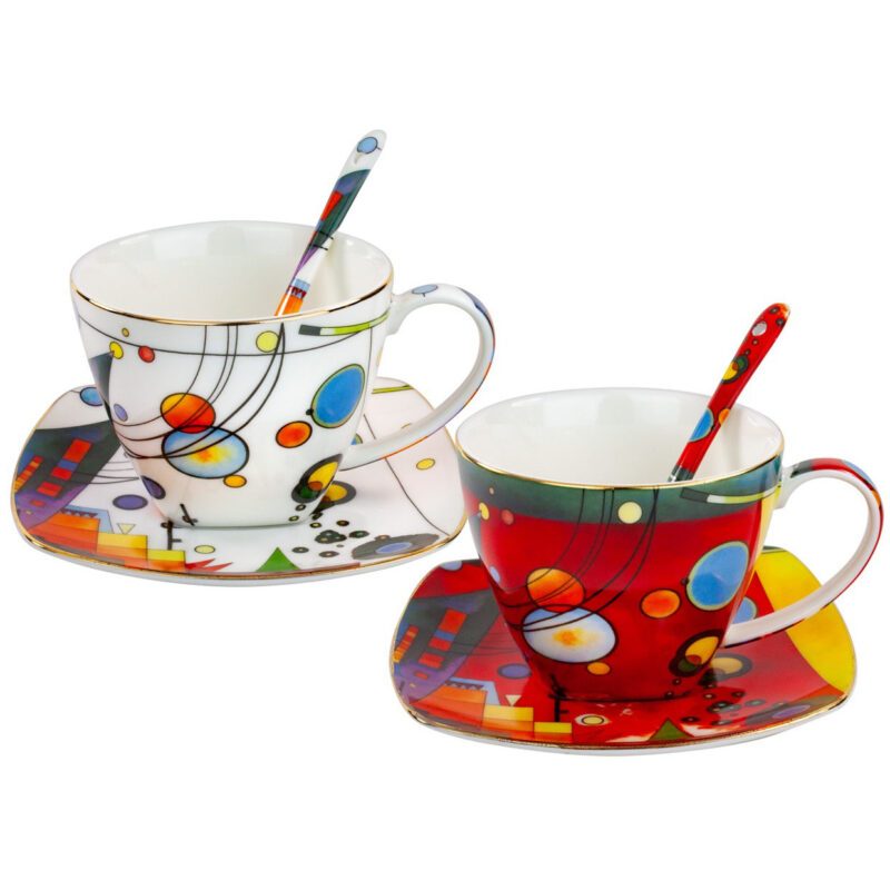 set of cups, Kandinsky cups, abstract art cups, cups with saucers and spoons, art-inspired cups, decorative gift box cups, elegant tea cups, Wassily Kandinsky gift, This set of two elegant cups with saucers and spoons is inspired by the abstract artworks of the great painter Wassily Kandinsky. Packaged in a decorative gift box. Capacity 250 ml * 2. Greek: σετ κούπες, κούπες Kandinsky, κούπες αφηρημένης τέχνης, κούπες με πιατάκια και κουτάλια, κούπες εμπνευσμένες από την τέχνη, διακοσμητική συσκευασία δώρου, κομψές κούπες τσαγιού, δώρο Wassily Kandinsky, Αυτό το σετ από δύο κομψές κούπες με πιατάκια και κουτάλια είναι εμπνευσμένο από τα αφηρημένα έργα του μεγάλου ζωγράφου Wassily Kandinsky. Συσκευασμένο σε διακοσμητική συσκευασία δώρου. Χωρητικότητα 250 ml * 2.