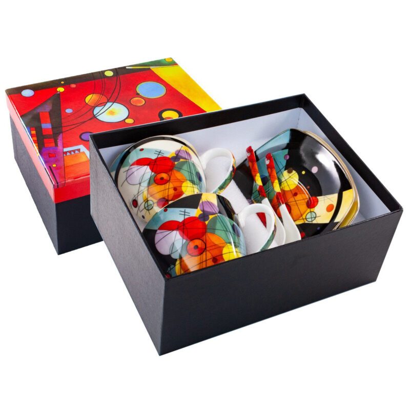 set of cups, Kandinsky cups, abstract art cups, cups with saucers and spoons, art-inspired cups, decorative gift box cups, elegant tea cups, Wassily Kandinsky gift, This set of two elegant cups with saucers and spoons is inspired by the abstract artworks of the great painter Wassily Kandinsky. Packaged in a decorative gift box. Capacity 250 ml * 2. Greek: σετ κούπες, κούπες Kandinsky, κούπες αφηρημένης τέχνης, κούπες με πιατάκια και κουτάλια, κούπες εμπνευσμένες από την τέχνη, διακοσμητική συσκευασία δώρου, κομψές κούπες τσαγιού, δώρο Wassily Kandinsky, Αυτό το σετ από δύο κομψές κούπες με πιατάκια και κουτάλια είναι εμπνευσμένο από τα αφηρημένα έργα του μεγάλου ζωγράφου Wassily Kandinsky. Συσκευασμένο σε διακοσμητική συσκευασία δώρου. Χωρητικότητα 250 ml * 2.