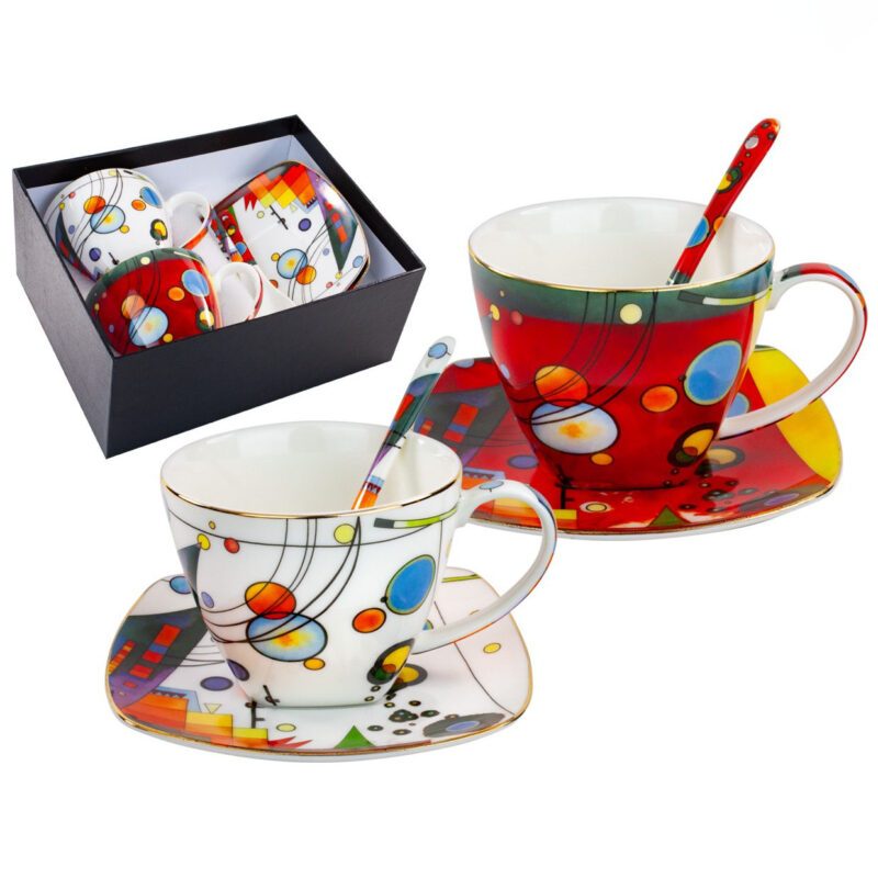 set of cups, Kandinsky cups, abstract art cups, cups with saucers and spoons, art-inspired cups, decorative gift box cups, elegant tea cups, Wassily Kandinsky gift, This set of two elegant cups with saucers and spoons is inspired by the abstract artworks of the great painter Wassily Kandinsky. Packaged in a decorative gift box. Capacity 250 ml * 2. Greek: σετ κούπες, κούπες Kandinsky, κούπες αφηρημένης τέχνης, κούπες με πιατάκια και κουτάλια, κούπες εμπνευσμένες από την τέχνη, διακοσμητική συσκευασία δώρου, κομψές κούπες τσαγιού, δώρο Wassily Kandinsky, Αυτό το σετ από δύο κομψές κούπες με πιατάκια και κουτάλια είναι εμπνευσμένο από τα αφηρημένα έργα του μεγάλου ζωγράφου Wassily Kandinsky. Συσκευασμένο σε διακοσμητική συσκευασία δώρου. Χωρητικότητα 250 ml * 2.