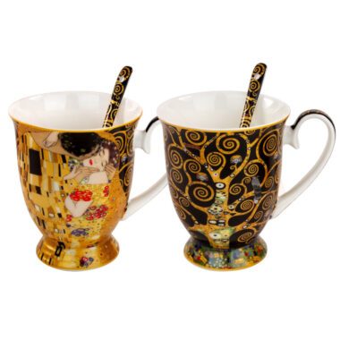 set of mugs, Klimt mugs, The Kiss mug, The Tree of Life mug, art-inspired mugs, mugs with spoons, decorative gift box mugs, elegant mugs, Gustav Klimt gift, This set of two elegant mugs with spoons, inspired by Gustav Klimt's artworks 