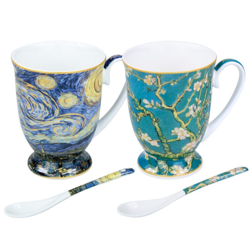 mug set, Van Gogh mugs, Starry Night and Almond Blossom mug set, art-inspired mug set, decorative gift box mugs, elegant coffee mugs, Vincent van Gogh gift, This set of two 280ml mugs with matching spoons, inspired by Van Gogh's "Starry Night" and "Almond Blossom," is beautifully packaged in a decorative gift box, perfect for art and coffee enthusiasts. Greek: σετ κούπες, κούπες Van Gogh, σετ κούπες Έναστρη Νύχτα και Almond Blossom, σετ κούπες εμπνευσμένο από την τέχνη, διακοσμητική συσκευασία δώρου, κομψές κούπες καφέ, δώρο Vincent van Gogh, Το σετ περιλαμβάνει δύο κούπες των 280ml με κουταλάκια, εμπνευσμένες από τα έργα "Έναστρη Νύχτα" και "Almond Blossom" του Van Gogh, σε διακοσμητική συσκευασία δώρου, ιδανικό για λάτρεις της τέχνης και του καφέ.