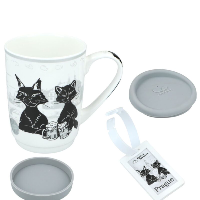 Mug featuring the Traveling Cats design, Prague edition by Carmani. This high-quality ceramic mug is perfect for cat lovers, showcasing charming cats in various poses. With an anti-slip base for added stability, it's both stylish and functional. Ideal as a gift or for everyday use. cat-themed mug, Traveling Cats mug, Prague design, Carmani mug, ceramic mug, anti-slip base mug, gift for cat lovers, artistic mug, unique mugs, everyday mug, cat lovers' accessories. Κούπα με το σχέδιο Traveling Cats, έκδοση Πράγα από την Carmani. Αυτή η υψηλής ποιότητας κεραμική κούπα είναι ιδανική για τους λάτρεις των γατών, διακοσμημένη με χαριτωμένα γατάκια σε διάφορες στάσεις. Με αντιολισθητική βάση για μεγαλύτερη σταθερότητα, συνδυάζει στυλ και λειτουργικότητα. Ιδανική για δώρο ή καθημερινή χρήση. κούπα με γάτες, κούπα Traveling Cats, σχέδιο Πράγα, κούπα Carmani, κεραμική κούπα, κούπα με αντιολισθητική βάση, δώρο για λάτρεις γατών, καλλιτεχνική κούπα, μοναδικές κούπες, καθημερινή κούπα, αξεσουάρ για λάτρεις γατών.