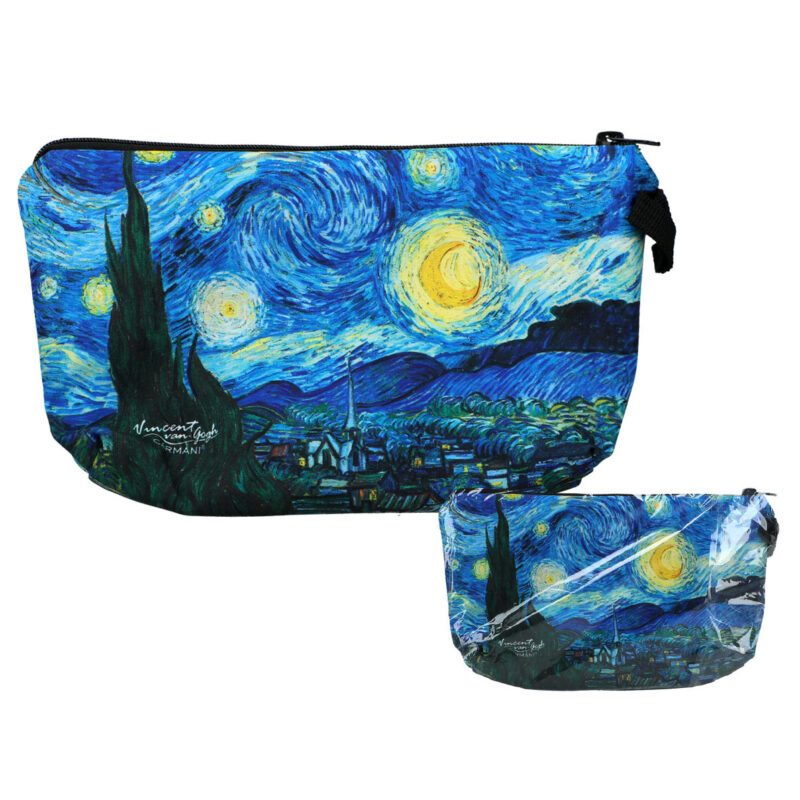 Cosmetic bag - Starry Night by Vincent van Gogh (CARMANI), beautifully decorated and zippered, perfect for women who appreciate art. A stylish and practical accessory for storing cosmetics and small essentials. Starry Night cosmetic bag, van Gogh makeup bag, artistic cosmetic pouch, Carmani accessories, elegant cosmetic case, painting-inspired bag, women’s gift, travel organizer, beauty essentials bag, art-themed pouch. Καλλυντική τσάντα - Έναστρη Νύχτα του Vincent van Gogh (CARMANI), όμορφα διακοσμημένη και με φερμουάρ, ιδανική για γυναίκες που αγαπούν την τέχνη. Ένα κομψό και πρακτικό αξεσουάρ για αποθήκευση καλλυντικών και μικροαντικειμένων. Καλλυντική τσάντα Έναστρη Νύχτα, νεσεσέρ van Gogh, καλλυντική τσάντα Carmani, καλλυντικό νεσεσέρ εμπνευσμένο από την τέχνη, κομψή καλλυντική θήκη, δώρο για γυναίκες, οργανωτής ταξιδίου, θήκη για προϊόντα ομορφιάς, καλλυντικό αξεσουάρ με θέμα την τέχνη.