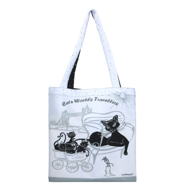 Tote bag - Cat World, England (Carmani). A durable and stylish tote bag featuring an artistic cat-themed design inspired by England. Practical for shopping, with an additional inner pocket for convenience. Τσάντα Tote - Cat World, Αγγλία (Carmani). Ανθεκτική και κομψή τσάντα tote με καλλιτεχνικό σχέδιο γατών εμπνευσμένο από την Αγγλία. Ιδανική για ψώνια, με πρόσθετη εσωτερική τσέπη για άνεση. cat tote bag, Cat World, England design, shopping bag, reusable bag, stylish tote, Carmani bag, cat lovers, gift for her, artistic bag, τσάντα tote, γάτες, Cat World, τσάντα αγορών, επαναχρησιμοποιούμενη τσάντα, Carmani, τσάντα δώρου, καλλιτεχνικό σχέδιο.