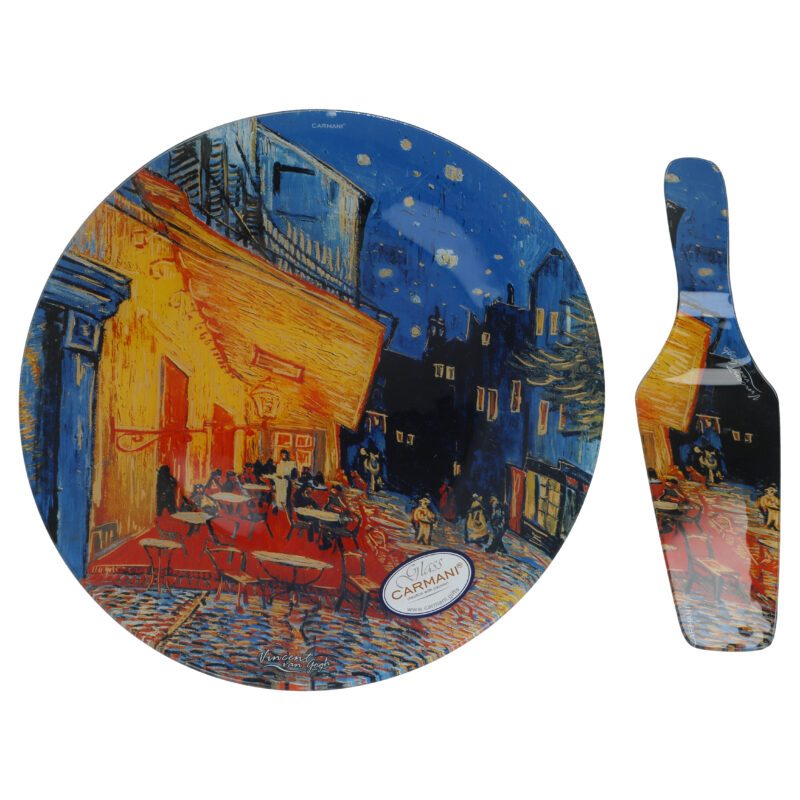 Decorative plate with spatula inspired by Van Gogh’s Cafe Terrace at Night. This set includes a beautifully designed plate and spatula, perfect for serving desserts or as a decorative item in any home. Ideal for lovers of art and high-quality, unique home decor.decorative plate with spatula, Van Gogh Cafe Terrace, art-inspired plate set, dessert serving set, Van Gogh home decor, unique art plates, elegant serving set, home decor gift, ceramic art plate, art lover gift, cafe terrace decor. Διακοσμητικό πιάτο με σπάτουλα εμπνευσμένο από το έργο του Van Gogh Η Ταράτσα Καφετέριας τη Νύχτα. Αυτό το σετ περιλαμβάνει ένα όμορφα σχεδιασμένο πιάτο και σπάτουλα, ιδανικό για σερβίρισμα γλυκών ή ως διακοσμητικό αντικείμενο σε οποιονδήποτε χώρο. Ιδανικό για λάτρεις της τέχνης και για όσους εκτιμούν τη μοναδική διακόσμηση υψηλής ποιότητας.διακοσμητικό πιάτο με σπάτουλα, Van Gogh Ταράτσα Καφετέριας, σετ πιάτου εμπνευσμένο από τέχνη, σετ σερβιρίσματος γλυκών, διακόσμηση σπιτιού Van Gogh, μοναδικά πιάτα τέχνης, κομψό σετ σερβιρίσματος, δώρο διακόσμησης σπιτιού, κεραμικό πιάτο τέχνης, δώρο για λάτρεις της τέχνης, διακόσμηση καφετέριας.