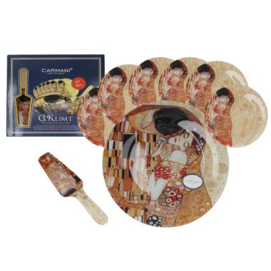 Dessert set - Gustav Klimt, The Kiss. A practical and elegant dessert set, perfect for those who appreciate art and fine dining. The set includes a large cake plate, a serving spatula, and six small dessert plates, all featuring the iconic design of Klimt's 