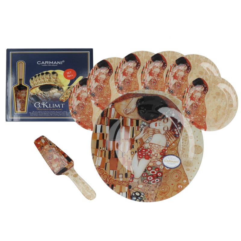 Dessert set - Gustav Klimt, The Kiss. A practical and elegant dessert set, perfect for those who appreciate art and fine dining. The set includes a large cake plate, a serving spatula, and six small dessert plates, all featuring the iconic design of Klimt's "The Kiss." An ideal choice for art lovers and collectors. Σετ για επιδόρπια - Γκ. Κλιμτ, Το Φιλί. Ένα πρακτικό και κομψό σετ για επιδόρπια, ιδανικό για όσους εκτιμούν την τέχνη και την καλαισθησία στο τραπέζι. Το σετ περιλαμβάνει έναν μεγάλο δίσκο για κέικ, μία σπάτουλα σερβιρίσματος και 6 μικρούς δίσκους για επιδόρπια, όλοι με το εμβληματικό σχέδιο του έργου "Το Φιλί" του Κλιμτ. Ιδανικό για λάτρεις της τέχνης και συλλέκτες. Dessert set, Gustav Klimt, The Kiss, art dessert set, serving set, cake plate, dessert plates, art lovers, elegant dining, creative dining, luxury homeware, σετ για επιδόρπια, Κλιμτ, Το Φιλί, πολυτελή σερβίτσια, διακόσμηση τραπεζιού.