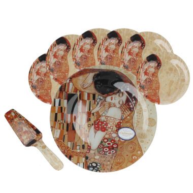 Dessert set - Gustav Klimt, The Kiss. A practical and elegant dessert set, perfect for those who appreciate art and fine dining. The set includes a large cake plate, a serving spatula, and six small dessert plates, all featuring the iconic design of Klimt's 