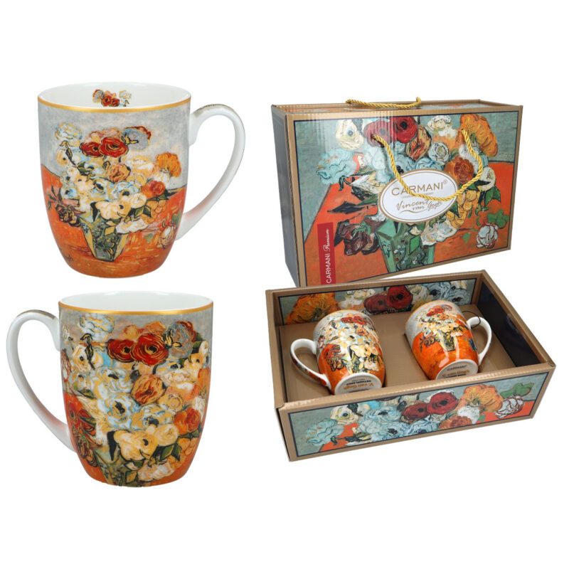 Set of 2 cups - V. van Gogh, Roses and Anemones (Carmani), 400ml. A set of two elegant cups featuring Vincent van Gogh's "Roses and Anemones." Perfect for tea or coffee lovers, this set is packed in unique packaging, making it an ideal gift. Σετ 2 κούπες - Β. βαν Γκογκ, Ρόζες και Ανθοφόρα (Carmani), 400ml. Ένα σετ δύο κομψών κούπες με το έργο του Βίνσεντ βαν Γκογκ, "Ρόζες και Ανθοφόρα". Ιδανικό για λάτρεις του τσαγιού ή του καφέ, το σετ συσκευάζεται σε ιδιαίτερη συσκευασία, κάνοντάς το ιδανικό δώρο. Set of cups, Vincent van Gogh, Roses and Anemones, gift set, 400ml cups, art cups, Carmani cups, luxury mugs, van Gogh gift, καλλιτεχνικές κούπες, δώρο, σετ κούπες, πορσελάνη, κούπες με έργο τέχνης