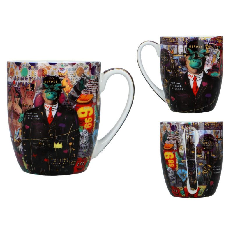 Camio mug - René Magritte Graffiti (Carmani). A unique ceramic mug featuring graffiti-inspired artistic patterns with motifs from René Magritte's surrealist works. Perfect for art enthusiasts and coffee lovers. Κούπα Camio - Γκράφιτι Ρενέ Μαγκρίτ (Carmani). Μια μοναδική κεραμική κούπα με καλλιτεχνικά μοτίβα εμπνευσμένα από το γκράφιτι και το σουρεαλιστικό έργο του Ρενέ Μαγκρίτ. Ιδανική για λάτρεις της τέχνης και του καφέ. graffiti mug, René Magritte, surrealist mug, artistic mug, modern design mug, ceramic mug, gift mug, Carmani mug, coffee lovers, art lovers, κούπα γκράφιτι, Ρενέ Μαγκρίτ, δώρο, κούπα τέχνης, καλλιτεχνικό δώρο, μοντέρνος σχεδιασμός, κούπα Carmani.