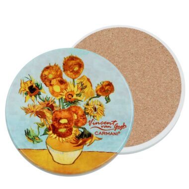 Round ceramic coaster with Van Gogh’s "Sunflowers in a Vase" – decorative and functional. Van Gogh coaster, Sunflowers ceramic coaster, artistic drinkware, round table coaster, Carmani home decor, art-inspired gifts, surface protector, artistic home accessoriesΣτρογγυλό κεραμικό σουβέρ με το έργο "Ηλιοτρόπια σε βάζο" του Βαν Γκογκ – διακοσμητικό και χρηστικό. σουβέρ Βαν Γκογκ, κεραμικό σουβέρ ηλιοτρόπια, διακοσμητικά τραπεζιού, καλλιτεχνικό σουβέρ, Carmani Ελλάδα, δώρα για λάτρεις τέχνης, προστασία επιφανειών, διακόσμηση σπιτιού με τέχνη.