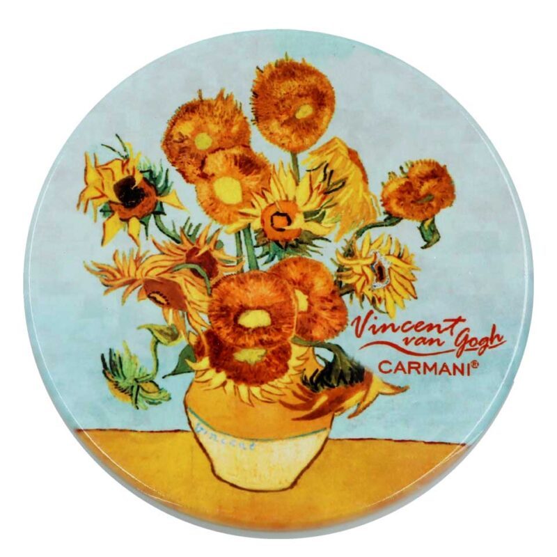 Round ceramic coaster with Van Gogh’s "Sunflowers in a Vase" – decorative and functional. Van Gogh coaster, Sunflowers ceramic coaster, artistic drinkware, round table coaster, Carmani home decor, art-inspired gifts, surface protector, artistic home accessoriesΣτρογγυλό κεραμικό σουβέρ με το έργο "Ηλιοτρόπια σε βάζο" του Βαν Γκογκ – διακοσμητικό και χρηστικό. σουβέρ Βαν Γκογκ, κεραμικό σουβέρ ηλιοτρόπια, διακοσμητικά τραπεζιού, καλλιτεχνικό σουβέρ, Carmani Ελλάδα, δώρα για λάτρεις τέχνης, προστασία επιφανειών, διακόσμηση σπιτιού με τέχνη.