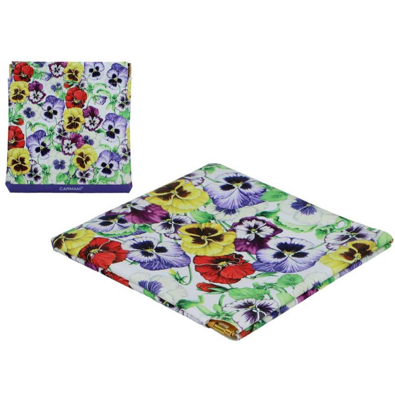 Fabric pouch with pansy flower design – Carmani organizer bag with drawstring.Carmani pouch, floral organizer bag, pansies pouch, travel organizer, fabric drawstring bag, cosmetic pouch, flower-themed accessory, gift for her, Carmani accessories, elegant storage pouch, Carmani πουγκί, floral pouch, πουγκί πανσέδες, υφασμάτινος οργανωτής, τσάντα αποθήκευσης, αξεσουάρ ταξιδιού, καλλυντικά σε πουγκί, γυναικείο δώρο, floral organizer, λουλουδένια αξεσουάρ