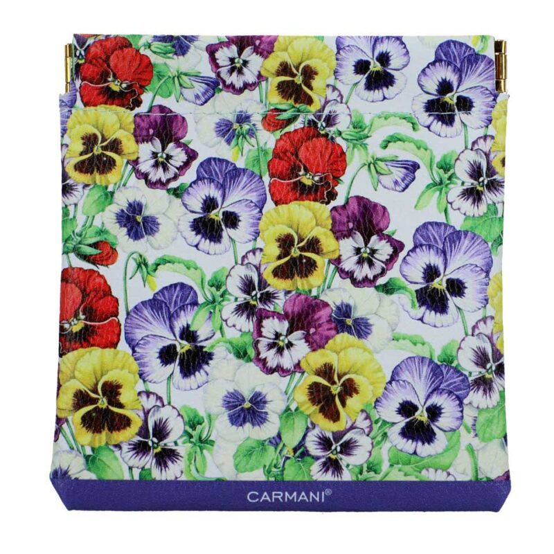 Fabric pouch with pansy flower design – Carmani organizer bag with drawstring.Carmani pouch, floral organizer bag, pansies pouch, travel organizer, fabric drawstring bag, cosmetic pouch, flower-themed accessory, gift for her, Carmani accessories, elegant storage pouch, Carmani πουγκί, floral pouch, πουγκί πανσέδες, υφασμάτινος οργανωτής, τσάντα αποθήκευσης, αξεσουάρ ταξιδιού, καλλυντικά σε πουγκί, γυναικείο δώρο, floral organizer, λουλουδένια αξεσουάρ