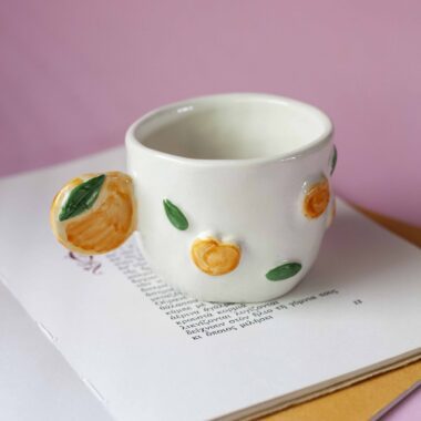 handmade ceramic mug with 3d tangerines, watermelons,strawberries,lemons,cherries and bananas. χειροποίητες κεραμικές κούπες με 3d φρούτα όπως τα κεράσια τις μπανάνες τα μανταρίνια τα καρπούζια τα λεμόνια και τις φράουλες.