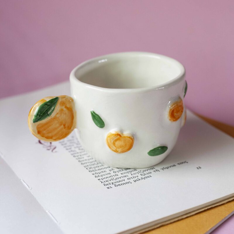 handmade ceramic mug with 3d tangerines, watermelons,strawberries,lemons,cherries and bananas. χειροποίητες κεραμικές κούπες με 3d φρούτα όπως τα κεράσια τις μπανάνες τα μανταρίνια τα καρπούζια τα λεμόνια και τις φράουλες.