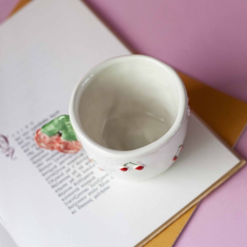 handmade ceramic mug with 3d tangerines, watermelons,strawberries,lemons,cherries and bananas. χειροποίητες κεραμικές κούπες με 3d φρούτα όπως τα κεράσια τις μπανάνες τα μανταρίνια τα καρπούζια τα λεμόνια και τις φράουλες.