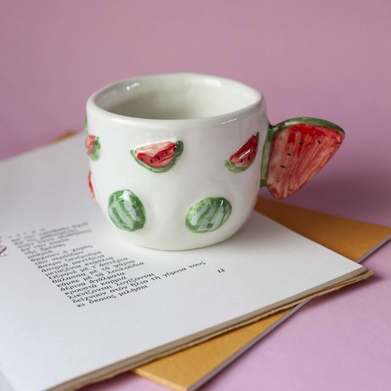 handmade ceramic mug with 3d tangerines, watermelons,strawberries,lemons,cherries and bananas. χειροποίητες κεραμικές κούπες με 3d φρούτα όπως τα κεράσια τις μπανάνες τα μανταρίνια τα καρπούζια τα λεμόνια και τις φράουλες.
