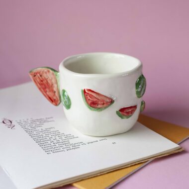 handmade ceramic mug with 3d tangerines, watermelons,strawberries,lemons,cherries and bananas. χειροποίητες κεραμικές κούπες με 3d φρούτα όπως τα κεράσια τις μπανάνες τα μανταρίνια τα καρπούζια τα λεμόνια και τις φράουλες.