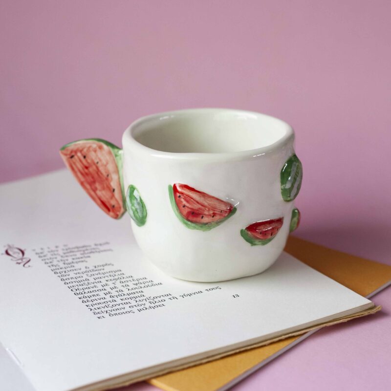 handmade ceramic mug with 3d tangerines, watermelons,strawberries,lemons,cherries and bananas. χειροποίητες κεραμικές κούπες με 3d φρούτα όπως τα κεράσια τις μπανάνες τα μανταρίνια τα καρπούζια τα λεμόνια και τις φράουλες.