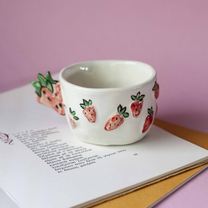 handmade ceramic mug with 3d tangerines, watermelons,strawberries,lemons,cherries and bananas. χειροποίητες κεραμικές κούπες με 3d φρούτα όπως τα κεράσια τις μπανάνες τα μανταρίνια τα καρπούζια τα λεμόνια και τις φράουλες.