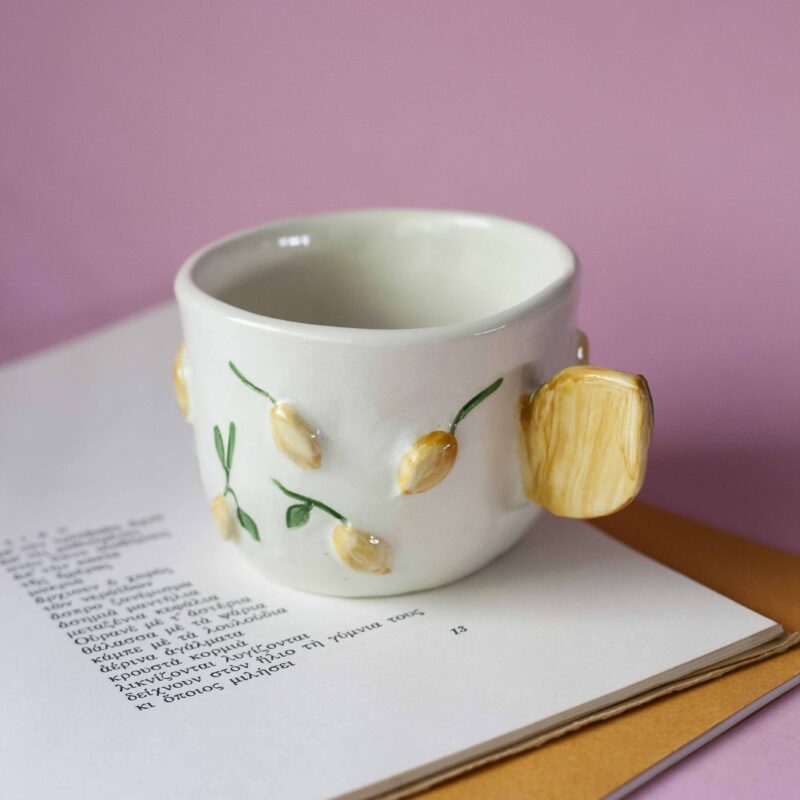 handmade ceramic mug with 3d tangerines, watermelons,strawberries,lemons,cherries and bananas. χειροποίητες κεραμικές κούπες με 3d φρούτα όπως τα κεράσια τις μπανάνες τα μανταρίνια τα καρπούζια τα λεμόνια και τις φράουλες.