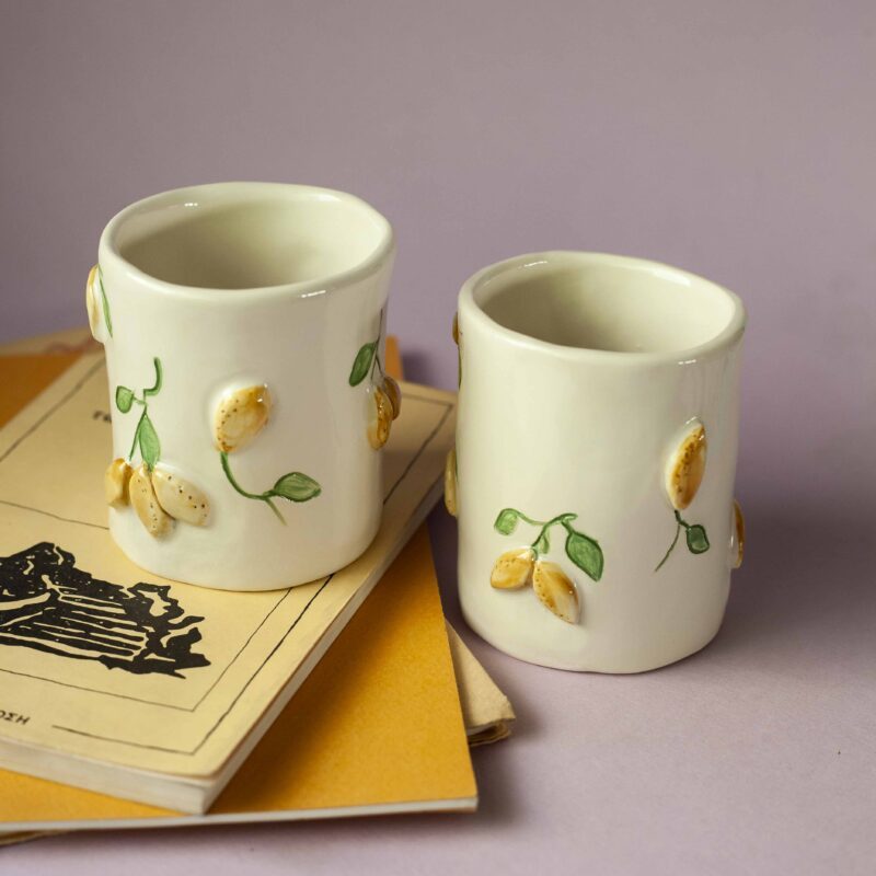 handmade ceramic mug with 3d tangerines, watermelons,strawberries,lemons,cherries and bananas. χειροποίητες κεραμικές κούπες με 3d φρούτα όπως τα κεράσια τις μπανάνες τα μανταρίνια τα καρπούζια τα λεμόνια και τις φράουλες.