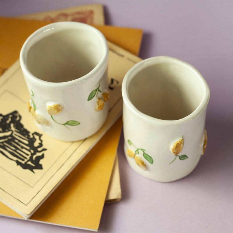handmade ceramic mug with 3d tangerines, watermelons,strawberries,lemons,cherries and bananas. χειροποίητες κεραμικές κούπες με 3d φρούτα όπως τα κεράσια τις μπανάνες τα μανταρίνια τα καρπούζια τα λεμόνια και τις φράουλες.