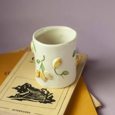 handmade ceramic mug with 3d tangerines, watermelons,strawberries,lemons,cherries and bananas. χειροποίητες κεραμικές κούπες με 3d φρούτα όπως τα κεράσια τις μπανάνες τα μανταρίνια τα καρπούζια τα λεμόνια και τις φράουλες.