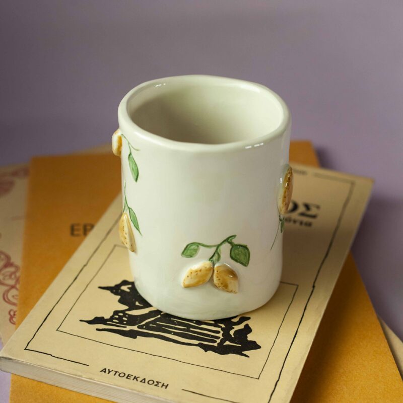 handmade ceramic mug with 3d tangerines, watermelons,strawberries,lemons,cherries and bananas. χειροποίητες κεραμικές κούπες με 3d φρούτα όπως τα κεράσια τις μπανάνες τα μανταρίνια τα καρπούζια τα λεμόνια και τις φράουλες.