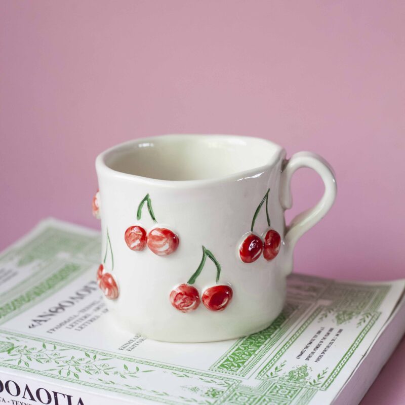 Handmade mug with 3d cherries. 3 sizes. 1 for espresso , 2 for capuccino, 3 for filter. χειροποίητη κεραμική κούπα με 3ντι κεράσια σε τρία μεγέθη. 1 για εσπρέσο, 2 για καπουτσίνο και 3 για φίλτρου.