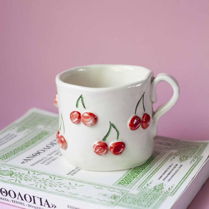 Handmade mug with 3d cherries. 3 sizes. 1 for espresso , 2 for capuccino, 3 for filter. χειροποίητη κεραμική κούπα με 3ντι κεράσια σε τρία μεγέθη. 1 για εσπρέσο, 2 για καπουτσίνο και 3 για φίλτρου.