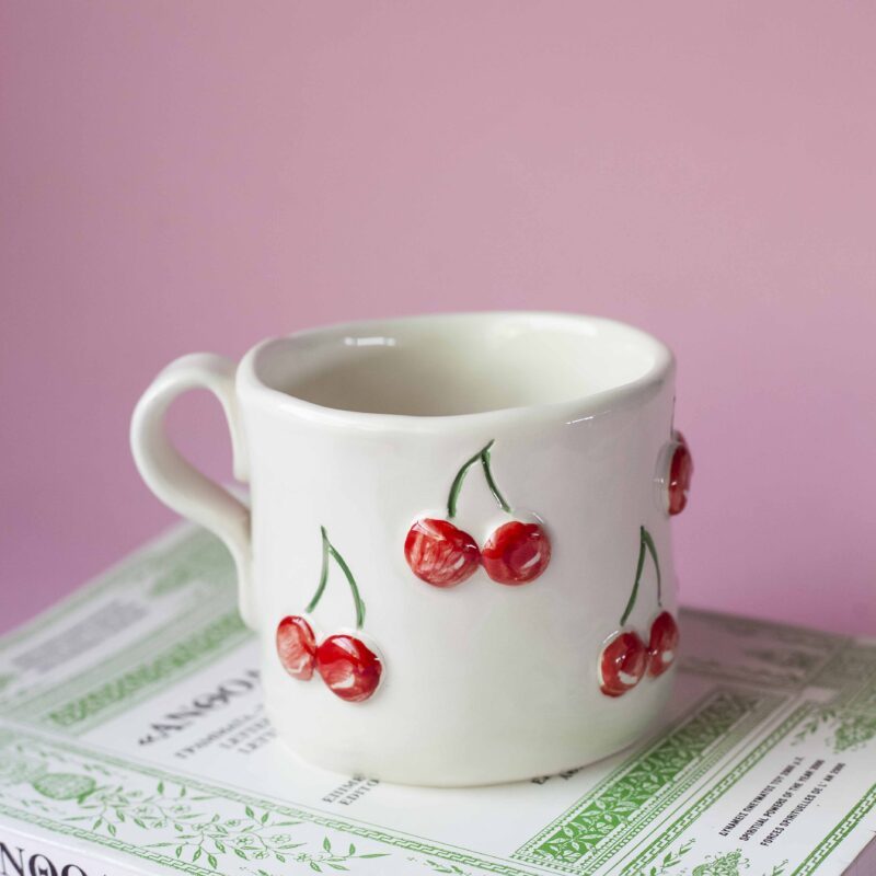 Handmade mug with 3d cherries. 3 sizes. 1 for espresso , 2 for capuccino, 3 for filter. χειροποίητη κεραμική κούπα με 3ντι κεράσια σε τρία μεγέθη. 1 για εσπρέσο, 2 για καπουτσίνο και 3 για φίλτρου.