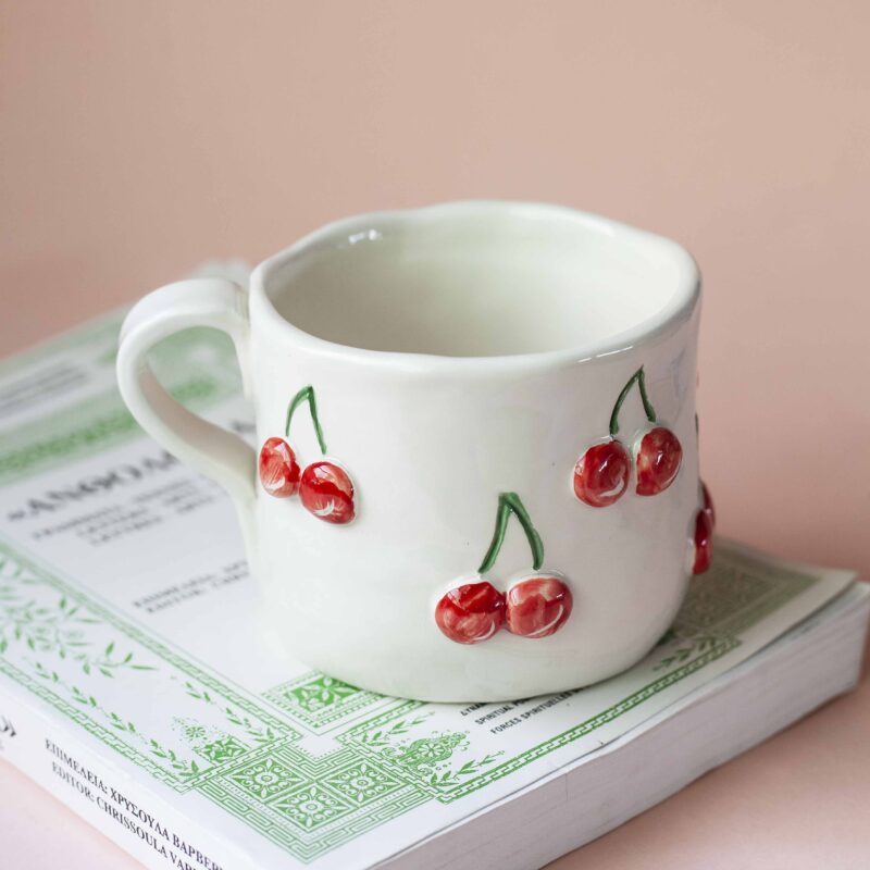 Handmade mug with 3d cherries. 3 sizes. 1 for espresso , 2 for capuccino, 3 for filter. χειροποίητη κεραμική κούπα με 3ντι κεράσια σε τρία μεγέθη. 1 για εσπρέσο, 2 για καπουτσίνο και 3 για φίλτρου.