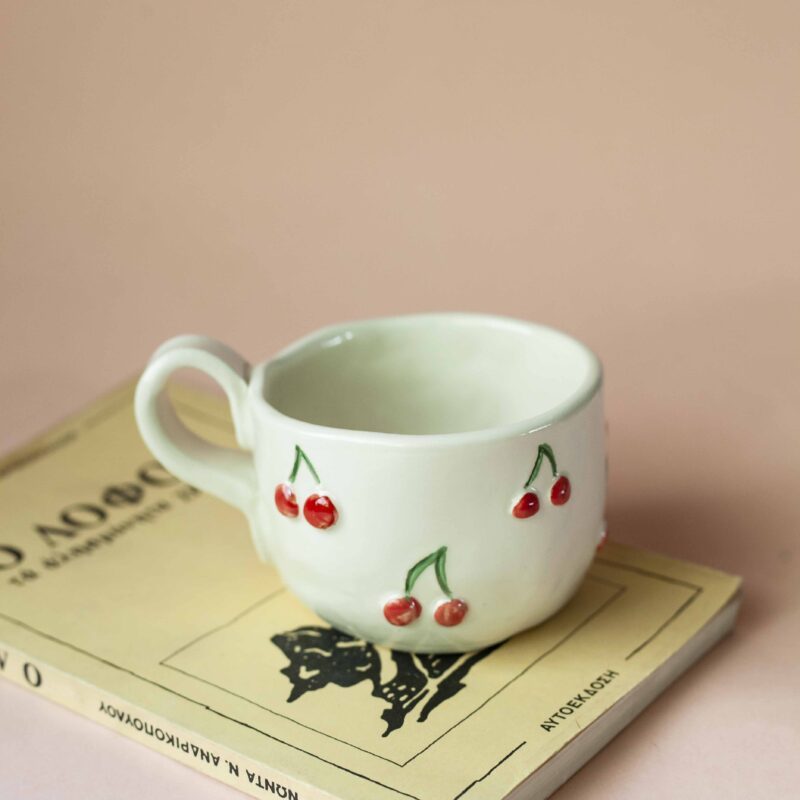 Handmade mug with 3d cherries. 3 sizes. 1 for espresso , 2 for capuccino, 3 for filter. χειροποίητη κεραμική κούπα με 3ντι κεράσια σε τρία μεγέθη. 1 για εσπρέσο, 2 για καπουτσίνο και 3 για φίλτρου.